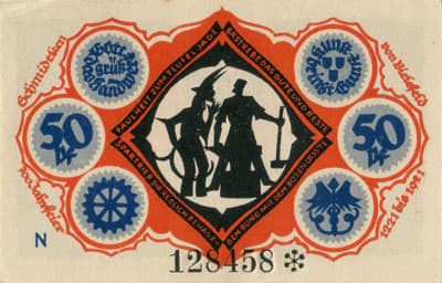 Notgeld der Stadt Sparkasse Bielefeld (Nordrhein-Westfalen - Allemagne) - 50 pfennig - 15&nbsp;mai&nbsp;1921 - s�rie&nbsp;N - n�&nbsp;128458 - num�ro � 6&nbsp;chiffres + sans signature du peintre verticale sur la queue du faune de gauche, existe&nbsp;avec - dos