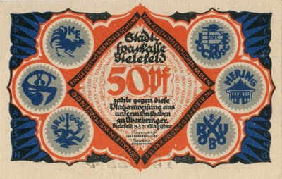 Notgeld der Stadt Sparkasse Bielefeld (Nordrhein-Westfalen - Allemagne) - 50 pfennig - 15&nbsp;mai&nbsp;1921 - s�rie&nbsp;R - n�&nbsp;156922 - num�ro � 6&nbsp;chiffres + sans signature du peintre verticale sur le bas du manteau, existe&nbsp;avec - face