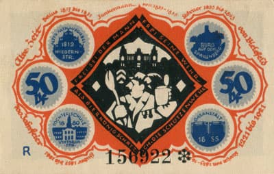 Notgeld der Stadt Sparkasse Bielefeld (Nordrhein-Westfalen - Allemagne) - 50 pfennig - 15&nbsp;mai&nbsp;1921 - s�rie&nbsp;R - n�&nbsp;156922 - num�ro � 6&nbsp;chiffres + sans signature du peintre verticale sur le bas du manteau, existe&nbsp;avec - dos
