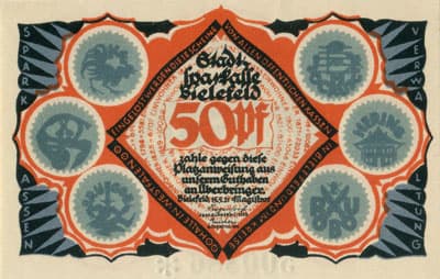 Notgeld der Stadt Sparkasse Bielefeld (Nordrhein-Westfalen - Allemagne) - 50 pfennig - 15&nbsp;mai&nbsp;1921 - s�rie&nbsp;R - n�&nbsp;500886 - num�ro � 6&nbsp;chiffres + avec signature du peintre verticale sur le bas du manteau, existe&nbsp;sans - face