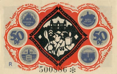 Notgeld der Stadt Sparkasse Bielefeld (Nordrhein-Westfalen - Allemagne) - 50 pfennig - 15&nbsp;mai&nbsp;1921 - s�rie&nbsp;R - n�&nbsp;500886 - num�ro � 6&nbsp;chiffres + avec signature du peintre verticale sur le bas du manteau, existe&nbsp;sans - dos