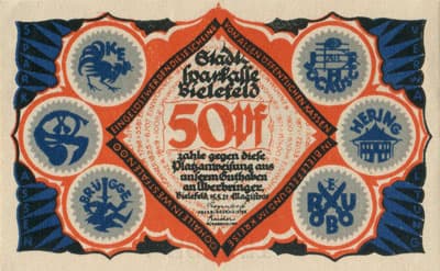 Notgeld der Stadt Sparkasse Bielefeld (Nordrhein-Westfalen - Allemagne) - 50 pfennig - 15&nbsp;mai&nbsp;1921 - s�rie&nbsp;&Uuml; - n�&nbsp;126282 - num�ro � 6&nbsp;chiffres + dessins � l'encre&nbsp;bleue + avec signature du peintre verticale sur le b�b� de gauche, existe&nbsp;sans - face
