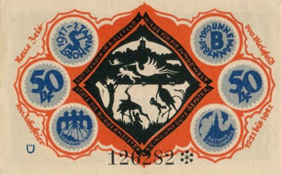 Notgeld der Stadt Sparkasse Bielefeld (Nordrhein-Westfalen - Allemagne) - 50 pfennig - 15&nbsp;mai&nbsp;1921 - s�rie&nbsp;&Uuml; - n�&nbsp;126282 - num�ro � 6&nbsp;chiffres + dessins � l'encre&nbsp;bleue + avec signature du peintre verticale sur le b�b� de gauche, existe&nbsp;sans - dos