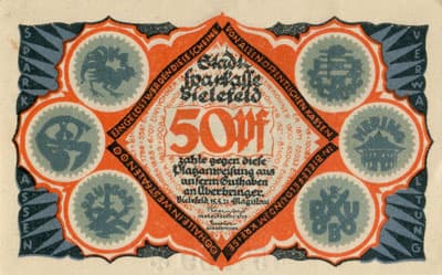 Notgeld der Stadt Sparkasse Bielefeld (Nordrhein-Westfalen - Allemagne) - 50 pfennig - 15&nbsp;mai&nbsp;1921 - s�rie&nbsp;&Uuml; - n�&nbsp;457259 - num�ro � 6&nbsp;chiffres + dessins � l'encre&nbsp;grise + avec signature du peintre verticale sur le b�b� de gauche, existe&nbsp;sans - face