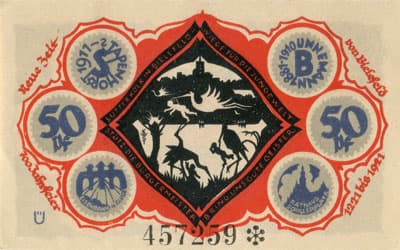 Notgeld der Stadt Sparkasse Bielefeld (Nordrhein-Westfalen - Allemagne) - 50 pfennig - 15&nbsp;mai&nbsp;1921 - s�rie&nbsp;&Uuml; - n�&nbsp;457259 - num�ro � 6&nbsp;chiffres + dessins � l'encre&nbsp;grise + avec signature du peintre verticale sur le b�b� de gauche, existe&nbsp;sans - dos
