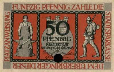 Notgeld der Stadt Sparkasse Bielefeld (Nordrhein-Westfalen - Allemagne) - 50 pfennig - 1&nbsp;mars&nbsp;1919 - n�&nbsp;131488 - num�ro � 6&nbsp;chiffres + textes � l'encre noire au&nbsp;verso + annulation par&nbsp;perforation - face
