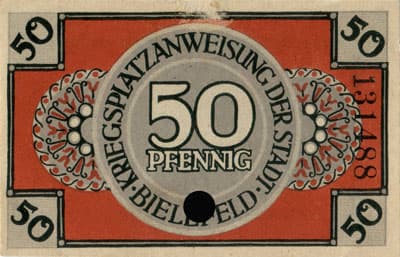 Notgeld der Stadt Sparkasse Bielefeld (Nordrhein-Westfalen - Allemagne) - 50 pfennig - 1&nbsp;mars&nbsp;1919 - n�&nbsp;131488 - num�ro � 6&nbsp;chiffres + textes � l'encre noire au&nbsp;verso + annulation par&nbsp;perforation - dos