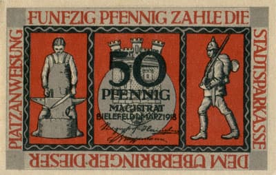 Notgeld der Stadt Sparkasse Bielefeld (Nordrhein-Westfalen - Allemagne) - 50 pfennig - 1&nbsp;mars&nbsp;1919 - n�&nbsp;234331 - num�ro � 6&nbsp;chiffres + textes � l'encre noire au&nbsp;verso - face