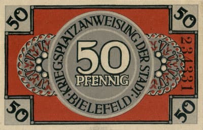 Notgeld der Stadt Sparkasse Bielefeld (Nordrhein-Westfalen - Allemagne) - 50 pfennig - 1&nbsp;mars&nbsp;1919 - n�&nbsp;234331 - num�ro � 6&nbsp;chiffres + textes � l'encre noire au&nbsp;verso - dos