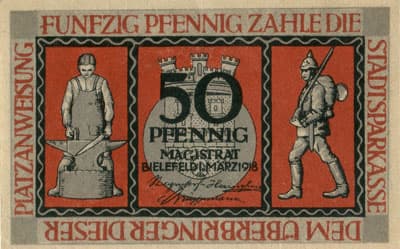 Notgeld der Stadt Sparkasse Bielefeld (Nordrhein-Westfalen - Allemagne) - 50 pfennig - 1&nbsp;mars&nbsp;1919 - n�&nbsp;46477 - num�ro � 5&nbsp;chiffres + textes � l'encre grise au&nbsp;verso - face
