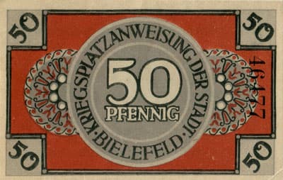 Notgeld der Stadt Sparkasse Bielefeld (Nordrhein-Westfalen - Allemagne) - 50 pfennig - 1&nbsp;mars&nbsp;1919 - n�&nbsp;46477 - num�ro � 5&nbsp;chiffres + textes � l'encre grise au&nbsp;verso - dos