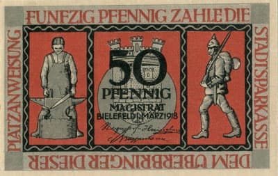 Notgeld der Stadt Sparkasse Bielefeld (Nordrhein-Westfalen - Allemagne) - 50 pfennig - 1&nbsp;mars&nbsp;1919 - sans&nbsp;n� - textes � l'encre grise au&nbsp;verso - face