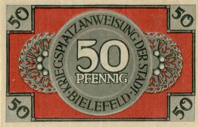 Notgeld der Stadt Sparkasse Bielefeld (Nordrhein-Westfalen - Allemagne) - 50 pfennig - 1&nbsp;mars&nbsp;1919 - sans&nbsp;n� - textes � l'encre grise au&nbsp;verso - dos