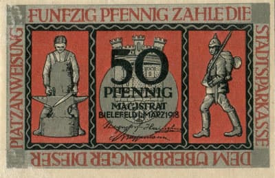 Notgeld der Stadt Sparkasse Bielefeld (Nordrhein-Westfalen - Allemagne) - 50 pfennig - 1&nbsp;mars&nbsp;1919 - sans&nbsp;n� - avec 