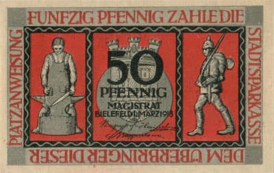 Notgeld der Stadt Sparkasse Bielefeld (Nordrhein-Westfalen - Allemagne) - 50 pfennig - 1&nbsp;mars&nbsp;1919 - sans&nbsp;n� - sans 