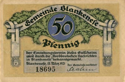 Notgeld Gustschein der Gemeinde Blankenese (Schleswig-Holstein - Allemagne) - 50 pfennige - 15&nbsp;mars&nbsp;1921 - n�&nbsp;18695 - face
