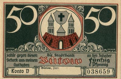 Notgeld Die Stadtbank B�tow (Mecklenburg-Vorpommern - Allemagne) - 50 pfennige - Konto&nbsp;D - n�&nbsp;038659 - face