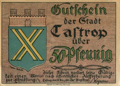 Notgeld Kriegsgeld der Stadt Castrop (Nordrhein-Westfalen - Allemagne) - 50 pfennige n�&nbsp;6793 - 25&nbsp;juillet&nbsp;1918 - face