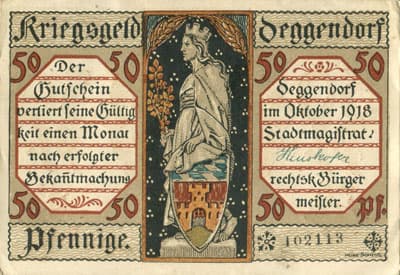 Notgeld Kriegsgeld der Stadt Deggendorf (Bayern - Allemagne) - 50 pfennige n� 102113 - Octobre 1918- dos