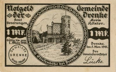 Notgeld der Gemeinde Drenke (Nordrhein-Westfalen - Allemagne) - 1&nbsp;mark - 5&nbsp;novembre&nbsp;1921 - face