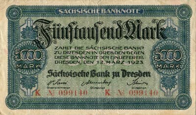 Notgeld Dresden (Sachsen) - 5&nbsp;000&nbsp;mark - 12&nbsp;mars&nbsp;1923 - s�rie&nbsp;K - n�&nbsp;099140 - face
