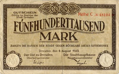 Notgeld Dresden (Sachsen) - 500&nbsp;000&nbsp;mark - 4&nbsp;ao�t&nbsp;1923 - Reihe&nbsp;C - n�&nbsp;48104 - face