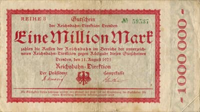 Gutschein der Reichsbahn-Direktion Dresden (Sachsen) - 1&nbsp;000&nbsp;000&nbsp;mark - 11&nbsp;ao�t&nbsp;1923 - Reihe&nbsp;B - n�&nbsp;59537 - face