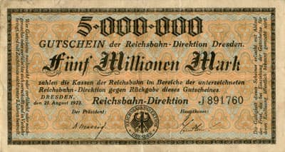 Gutschein der Reichsbahn-Direktion Dresden (Sachsen) - 5&nbsp;000&nbsp;000&nbsp;mark - 21&nbsp;ao�t&nbsp;1923 - s�rie&nbsp;J - n�&nbsp;891760 - face