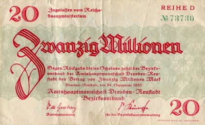 Notgeld Dresden-Neustadt (Sachsen) - 20&nbsp;000&nbsp;000&nbsp;mark - 24&nbsp;septembre&nbsp;1923 - Reihe&nbsp;D - n�&nbsp;73730 - face