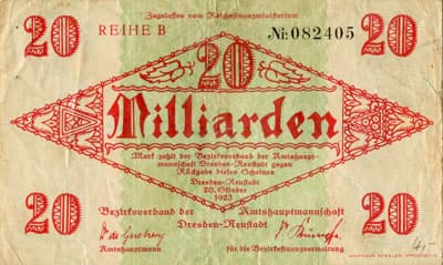 Notgeld Dresden-Neustadt (Sachsen) - 20&nbsp;000&nbsp;000&nbsp;000&nbsp;mark - 26&nbsp;octobre&nbsp;1923 - Reihe&nbsp;B - n�&nbsp;082405 - face