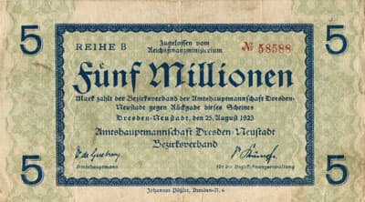 Notgeld Dresden-Neustadt (Sachsen) - 5&nbsp;000&nbsp;000&nbsp;mark - 25&nbsp;ao�t&nbsp;1923 - Reihe&nbsp;B - n�&nbsp;58588 - face