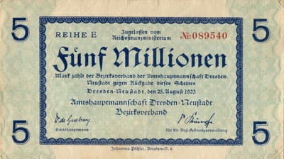 Notgeld Dresden-Neustadt (Sachsen) - 5&nbsp;000&nbsp;000&nbsp;mark - 25&nbsp;ao�t&nbsp;1923 - Reihe&nbsp;E - n�&nbsp;089540 - face
