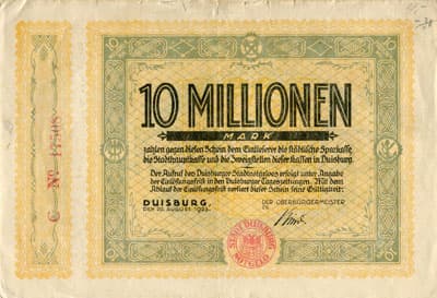 Notgeld der Stadt Duisburg (Nordrhein-Westfalen - Allemagne) - 10&nbsp;000&nbsp;000&nbsp;mark - 20&nbsp;ao�t&nbsp;1923 - s�rie&nbsp;C - n�&nbsp;17508 - recto