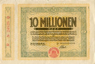 Notgeld der Stadt Duisburg (Nordrhein-Westfalen - Allemagne) - 10&nbsp;000&nbsp;000&nbsp;mark - 20&nbsp;ao�t&nbsp;1923 - s�rie&nbsp;R - n�&nbsp;24828 - recto