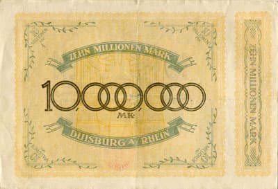 Notgeld der Stadt Duisburg (Nordrhein-Westfalen - Allemagne) - 10&nbsp;000&nbsp;000&nbsp;mark - 20&nbsp;ao�t&nbsp;1923 - s�rie&nbsp;R - n�&nbsp;24828 - verso