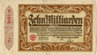 Notgeld der Stadt Duisburg (Nordrhein-Westfalen - Allemagne) - 10&nbsp;000&nbsp;000&nbsp;000&nbsp;mark - 25&nbsp;septembre&nbsp;1923 - s�rie&nbsp;Xy - n�&nbsp;3993 - recto