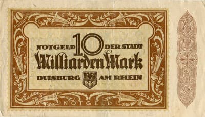 Notgeld der Stadt Duisburg (Nordrhein-Westfalen - Allemagne) - 10&nbsp;000&nbsp;000&nbsp;000&nbsp;mark - 25&nbsp;septembre&nbsp;1923 - s�rie&nbsp;Xy - n�&nbsp;3993 - verso