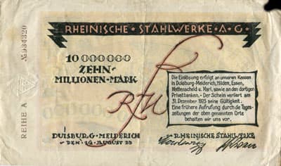 Notgeld Rheinische Stahlwerke A.G. in Duisburg-Meiderich (Nordrhein-Westfalen - Allemagne) - 10&nbsp;000&nbsp;000&nbsp;mark - Reihe&nbsp;A - n�&nbsp;934320 - 14&nbsp;ao�t&nbsp;1923 - recto