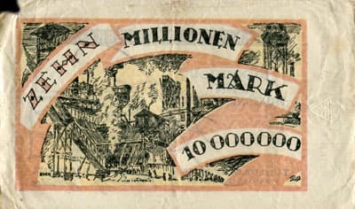 Notgeld Rheinische Stahlwerke A.G. in Duisburg-Meiderich (Nordrhein-Westfalen - Allemagne) - 10&nbsp;000&nbsp;000&nbsp;mark - Reihe&nbsp;A - n�&nbsp;934320 - 14&nbsp;ao�t&nbsp;1923 - verso