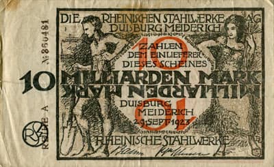 Notgeld Die Rheinische Stahlwerke A.G. in Duisburg-Meiderich (Nordrhein-Westfalen - Allemagne) - 10&nbsp;000&nbsp;000&nbsp;000&nbsp;mark - Reihe&nbsp;A - n�&nbsp;360481 - 29&nbsp;septembre&nbsp;1923 - recto