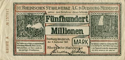 Notgeld Die Rheinische Stahlwerke A.G. in Duisburg-Meiderich (Nordrhein-Westfalen - Allemagne) - 500&nbsp;000&nbsp;000&nbsp;mark - Reihe&nbsp;A - n�&nbsp;757317 - 4&nbsp;septembre&nbsp;1923 - recto