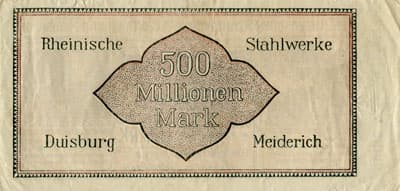 Notgeld Die Rheinische Stahlwerke A.G. in Duisburg-Meiderich (Nordrhein-Westfalen - Allemagne) - 500&nbsp;000&nbsp;000&nbsp;mark - Reihe&nbsp;A - n�&nbsp;757317 - 4&nbsp;septembre&nbsp;1923 - verso