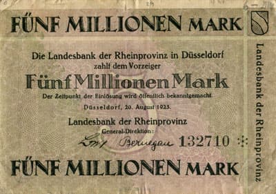 Notgeld Kriegsgeld der Stadt D�sseldorf - 5 000 000 mark - n� 132710 - 20 ao�t 1923 - face