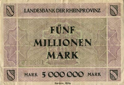 Notgeld Kriegsgeld der Stadt D�sseldorf - 5 000 000 mark - n� 132710 - 20 ao�t 1923 - dos