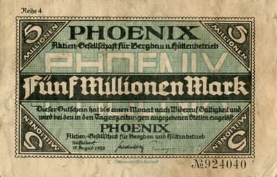 Notgeld Phoenix Aktien-Gesellschaft f�r Bergbau und H�ttenbetrieb - 5 000 000 mark - Reihe 4 - n� 924040 - 15 ao�t 1923 - face