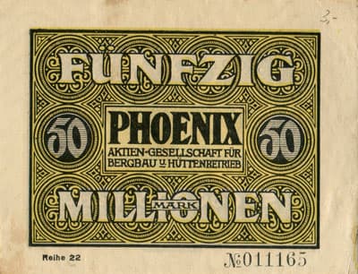 Notgeld Phoenix Aktien-Gesellschaft f�r Bergbau und H�ttenbetrieb - 50 000 000 mark - Reihe 22 - n� 011165 - 15 septembre 1923 - face