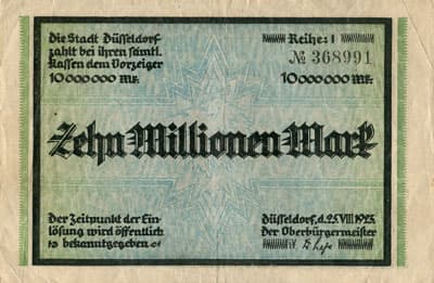 Notgeld Kriegsgeld der Stadt D�sseldorf - 10 000 000 mark - Reihe 1 - n� 368991 - 25 ao�t 1923 - face
