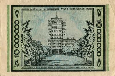 Notgeld Kriegsgeld der Stadt D�sseldorf - 10 000 000 mark - Reihe 1 - n� 368991 - 25 ao�t 1923 - dos