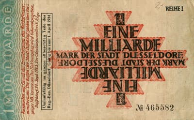 Notgeld Kriegsgeld der Stadt D�sseldorf - 1 000 000 000 mark - Reihe 1 - n� 465582 - 1 avril 1924 - face
