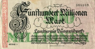 Notgeld Kriegsgeld der Stadt D�sseldorf - 500 000 000 mark - Reihe 1 - n� 368109 - 14 septembre 1923 - face